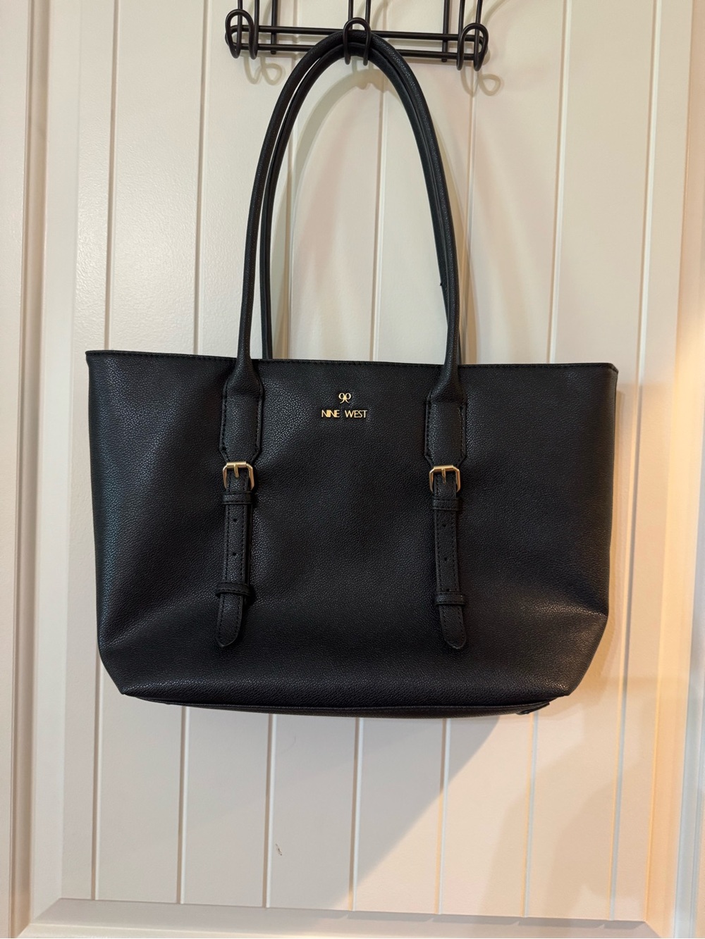 Nine West Black Faux Patent Leather Tote Bag Large Shoulder Purse